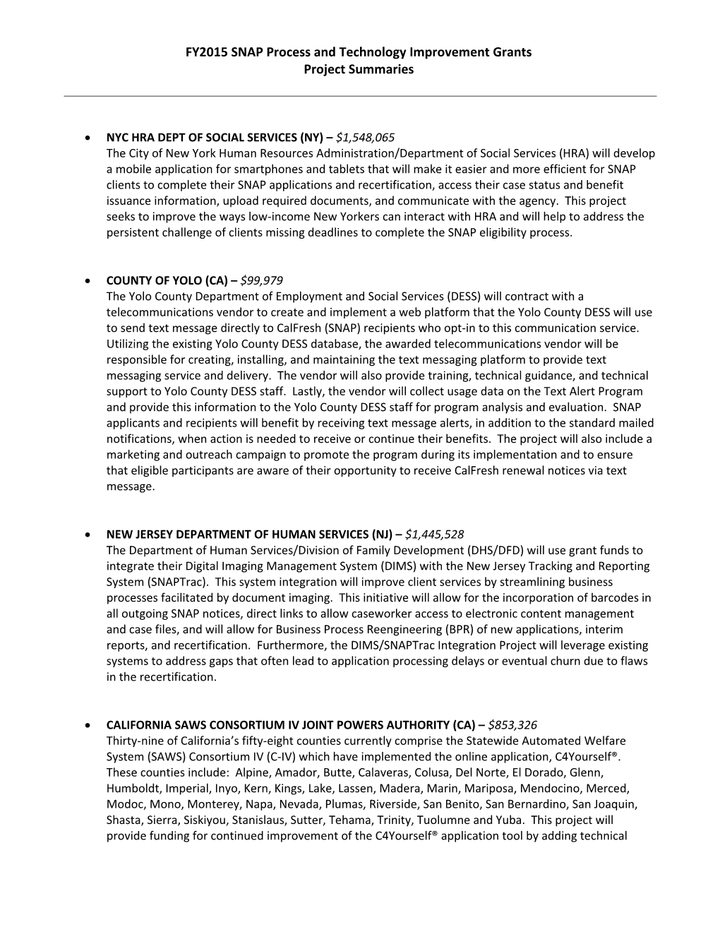 Fy2015 Snap Process and Technology Improvement Grant Summaries