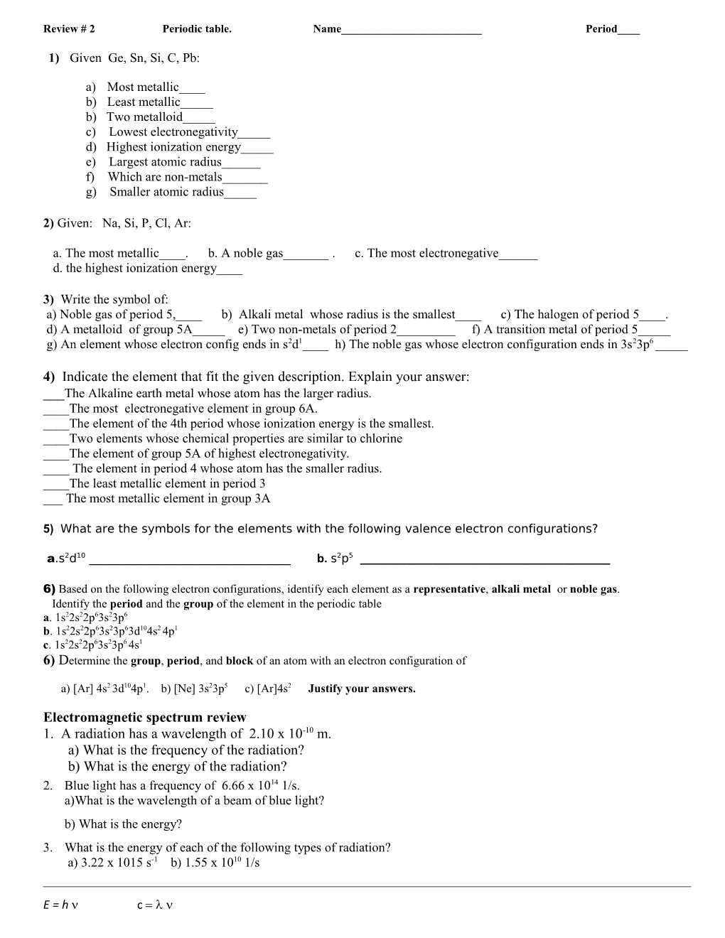 Electron Configuration/Periodic Trend Worksheet