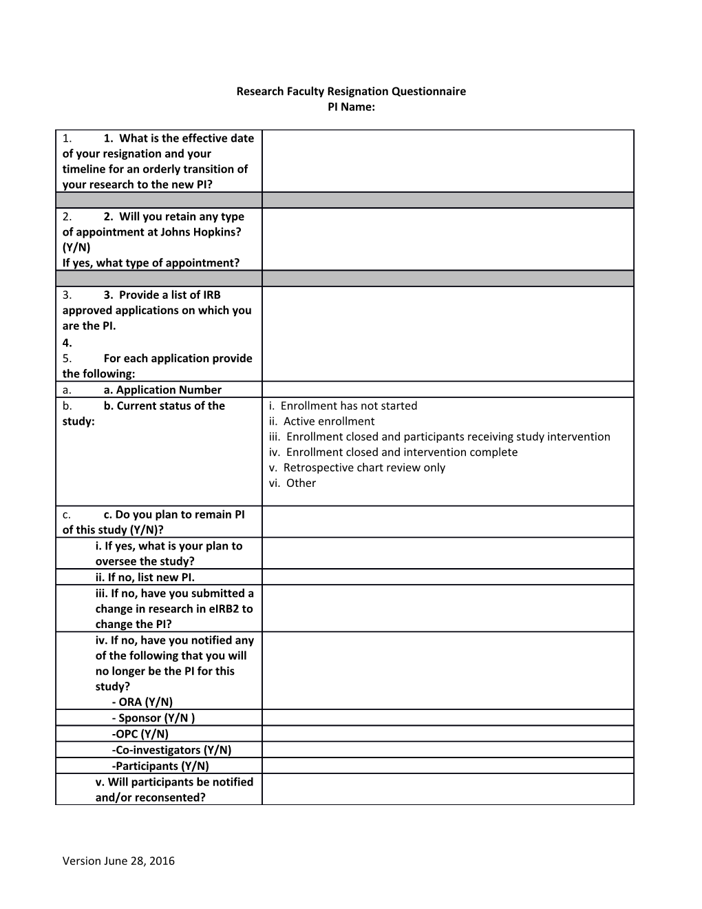 Research Faculty Resignation Questionnaire