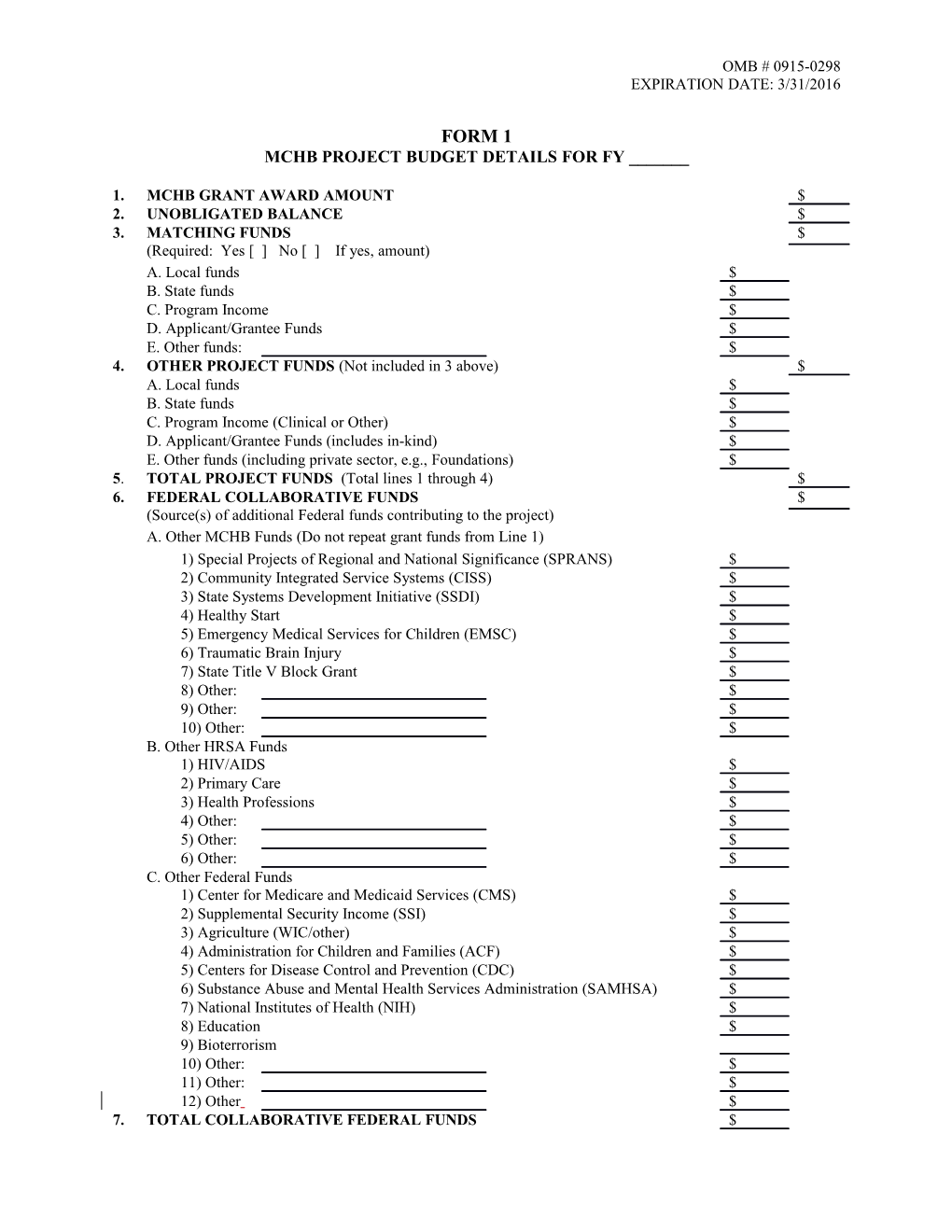 Mchb Project Budget Details for Fy ______