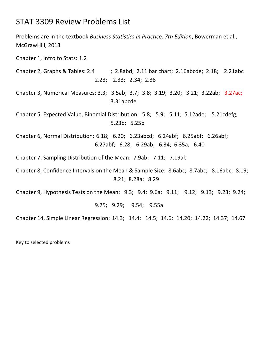 STAT 3309 Review Problems List