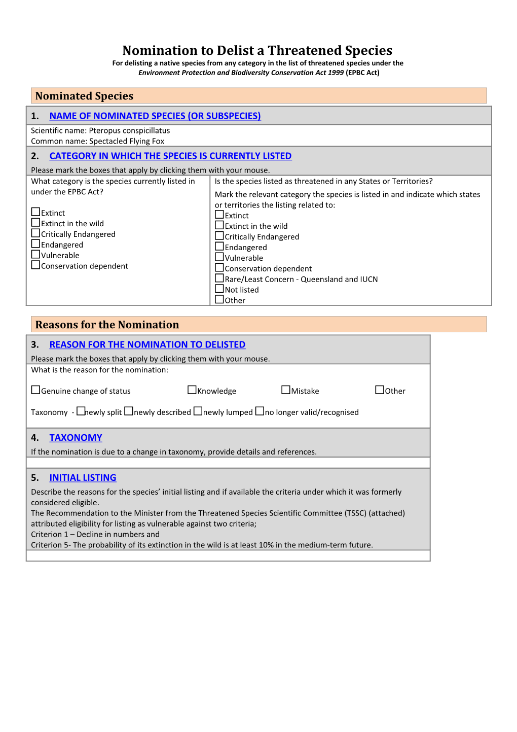 Nomination to Delist a Threatened Species - Pteropus Conspicillatus