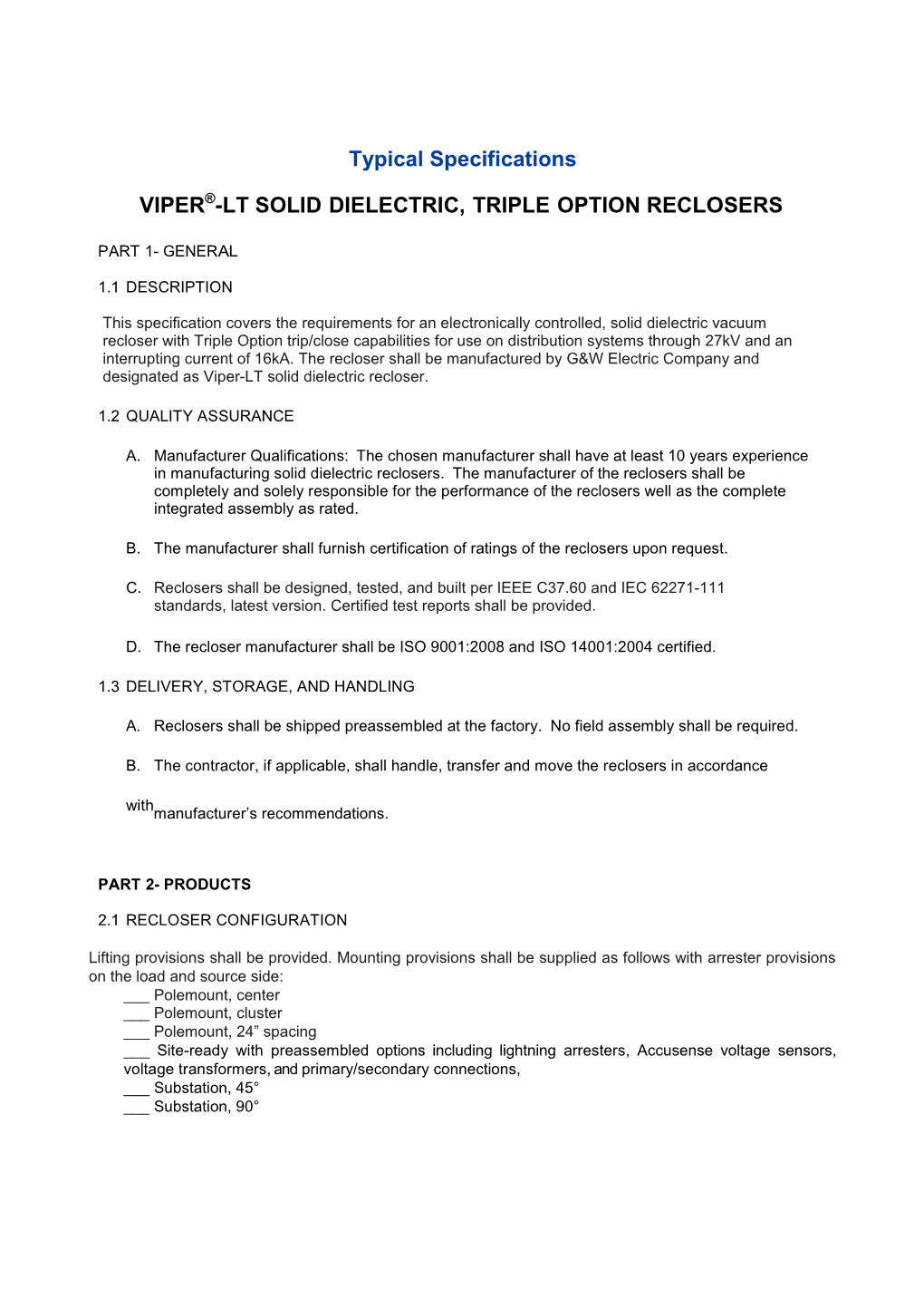 Viper -Lt Solid Dielectric, Triple Option Reclosers