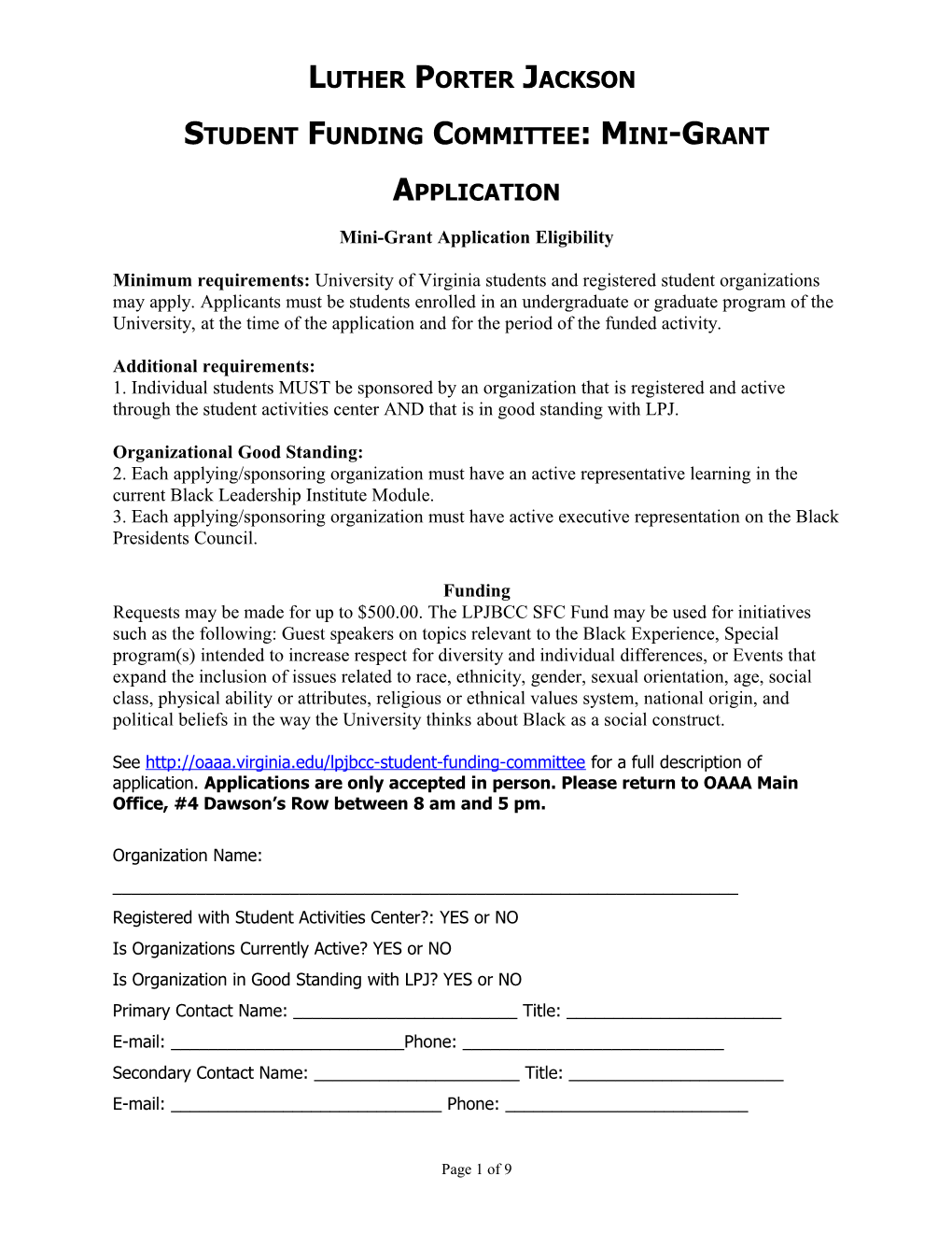 Student Funding Committee: Mini-Grant Application