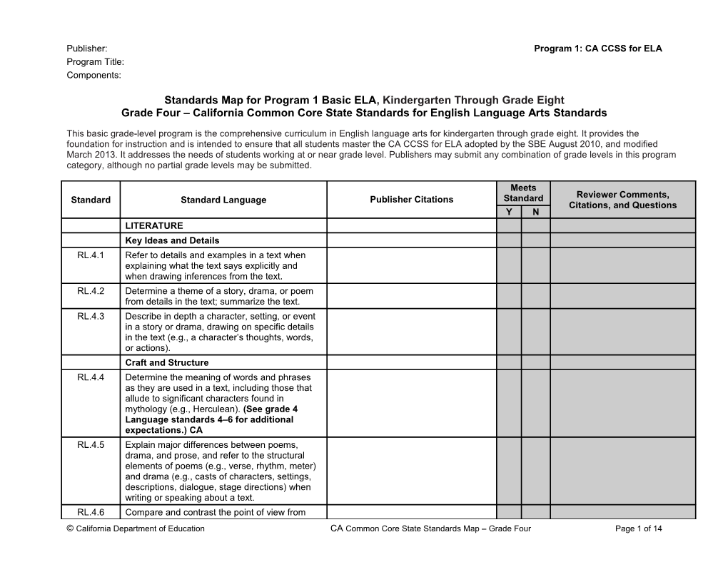 Grade 4 ELA Standards Map - Instructional Materials (CA Dept of Education)