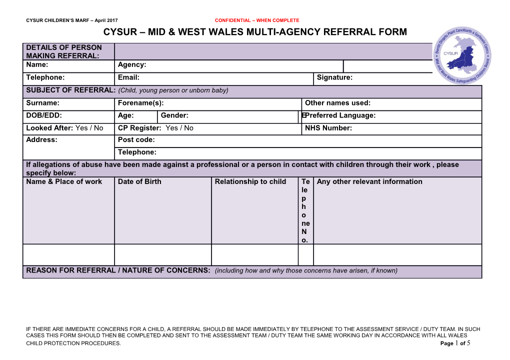 CYSUR CHILDREN S MARF April 2017CONFIDENTIAL WHEN COMPLETE