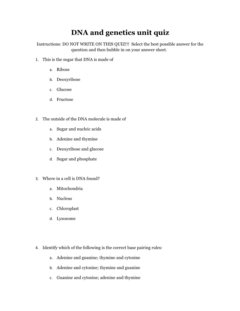 DNA and Genetics Unit Quiz