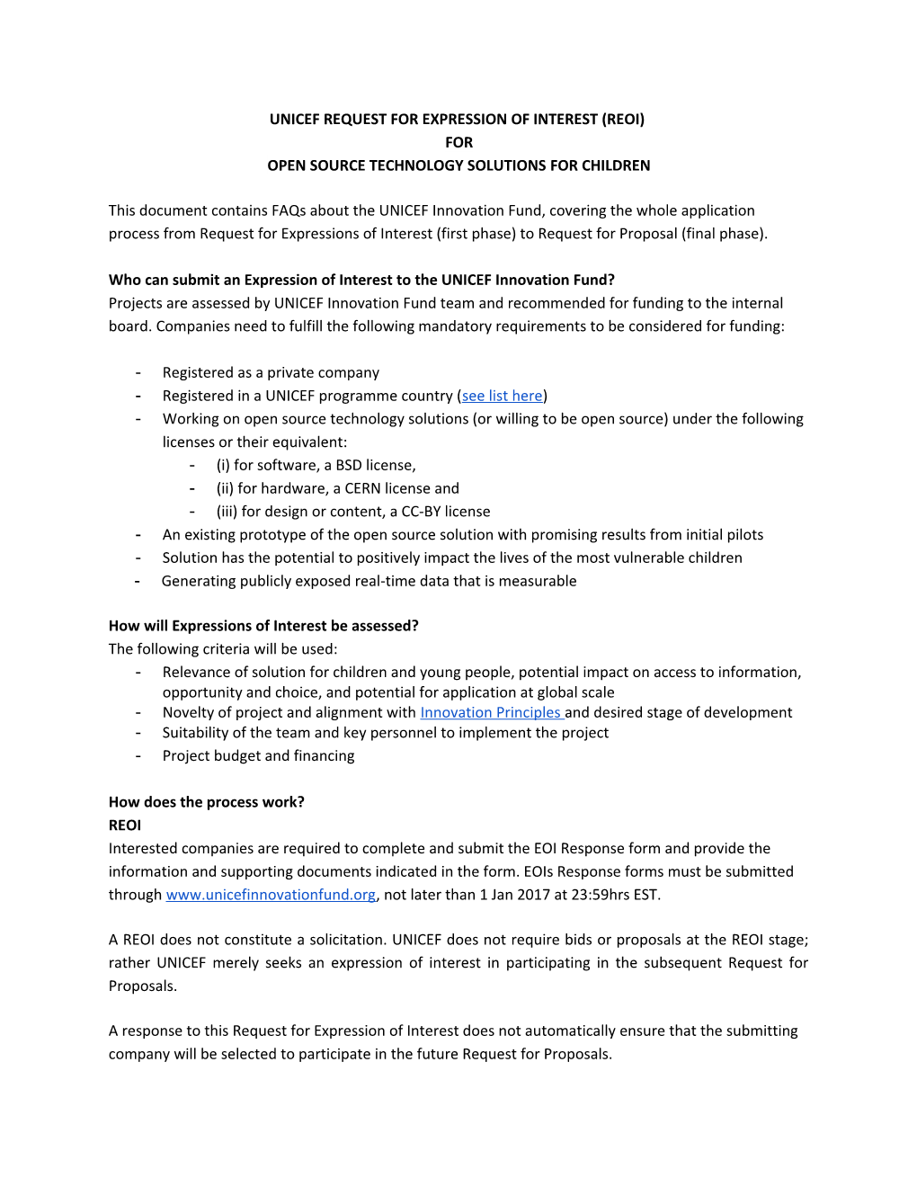 Unicef Request for Expression of Interest (Reoi)