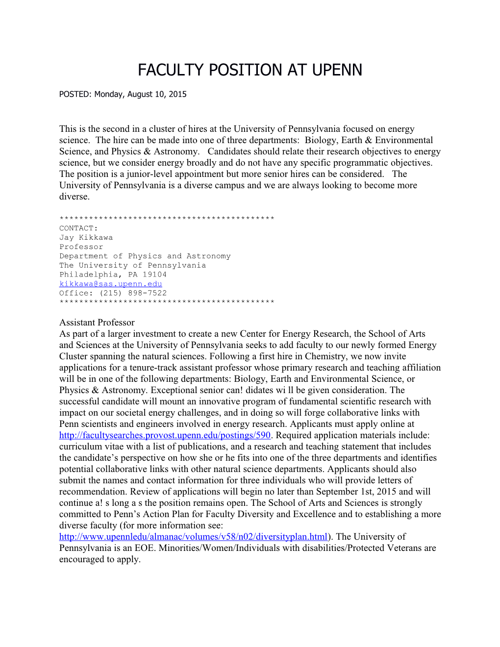 Faculty Position at Upenn