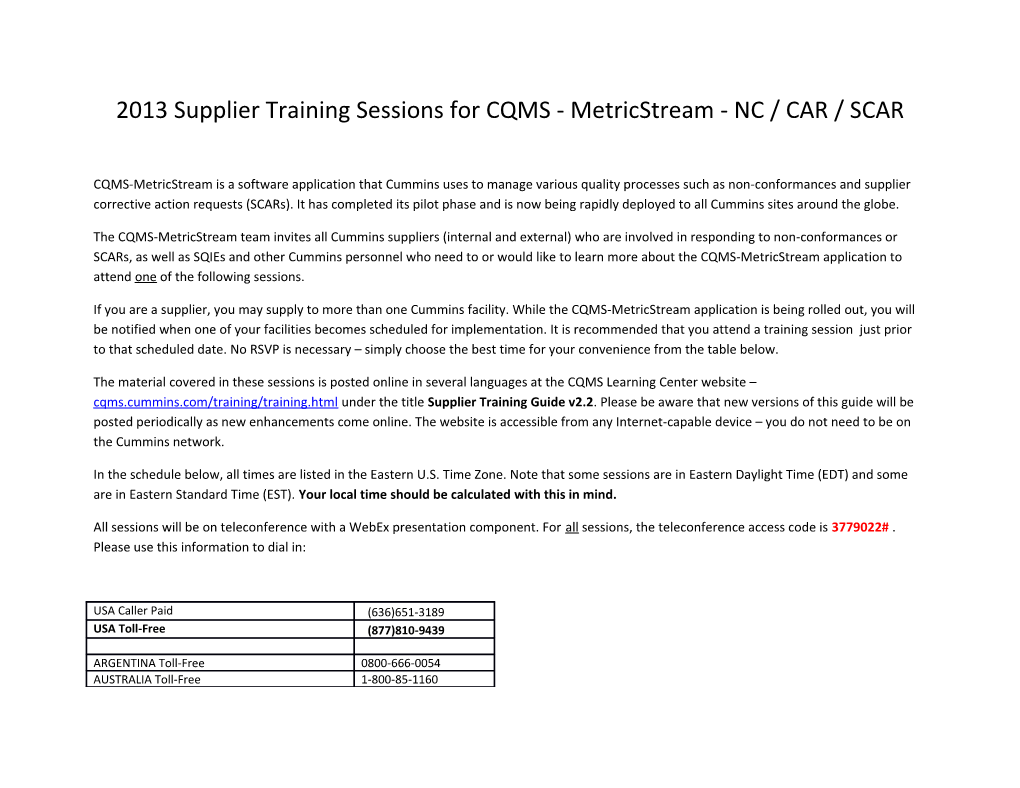 2013 Supplier Training Sessions for CQMS - Metricstream - NC / CAR / SCAR