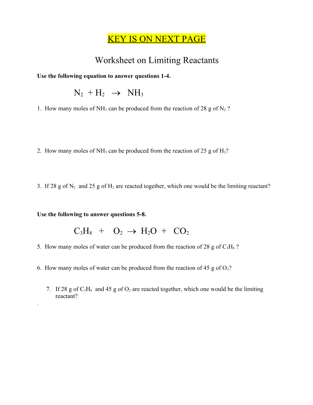 Worksheet on Limiting Reactants