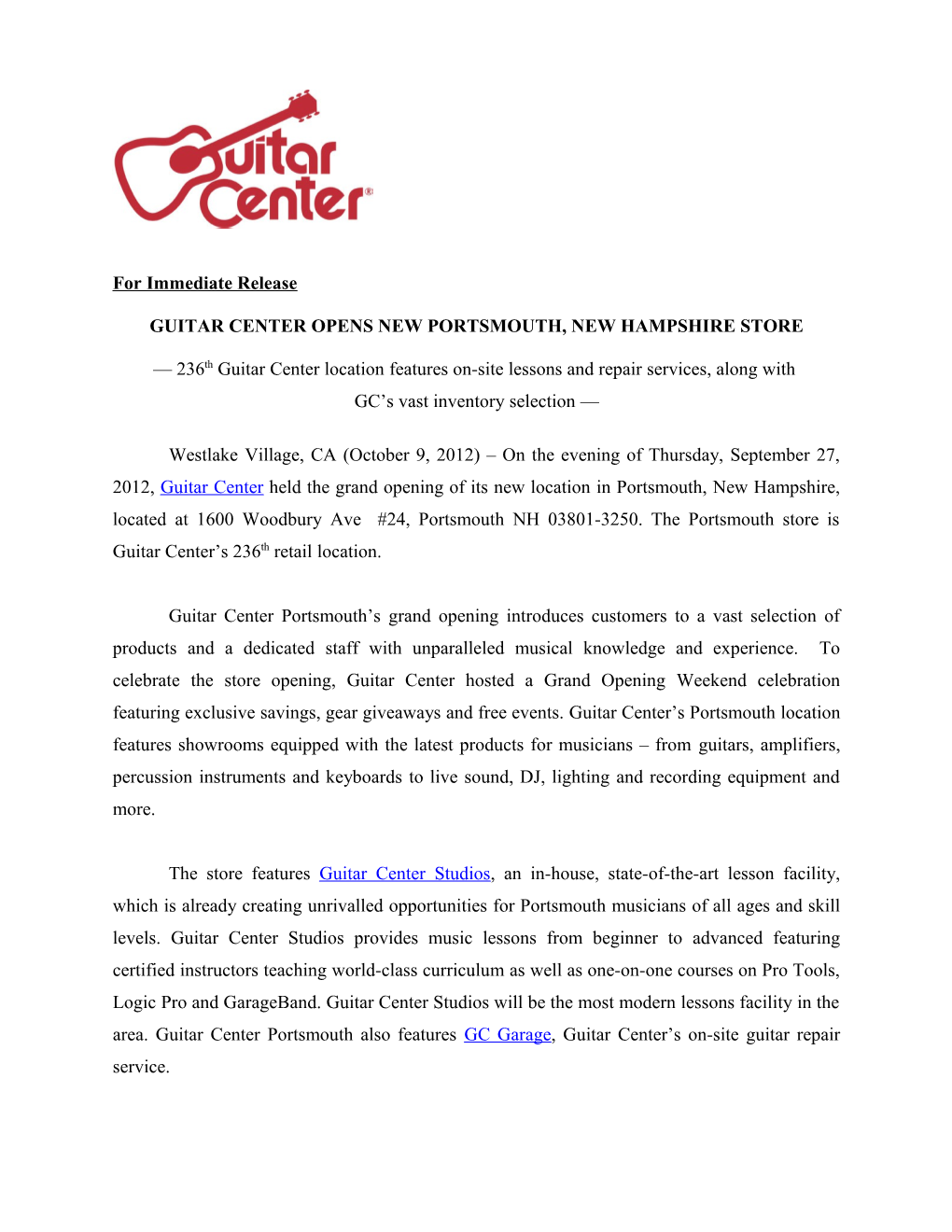 Guitar Center Opens New Portsmouth, New Hampshire Store