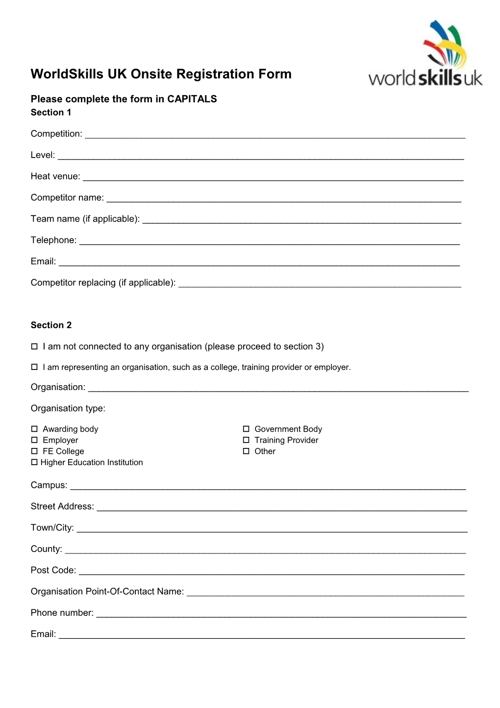 Worldskills UK Onsite Registration Form