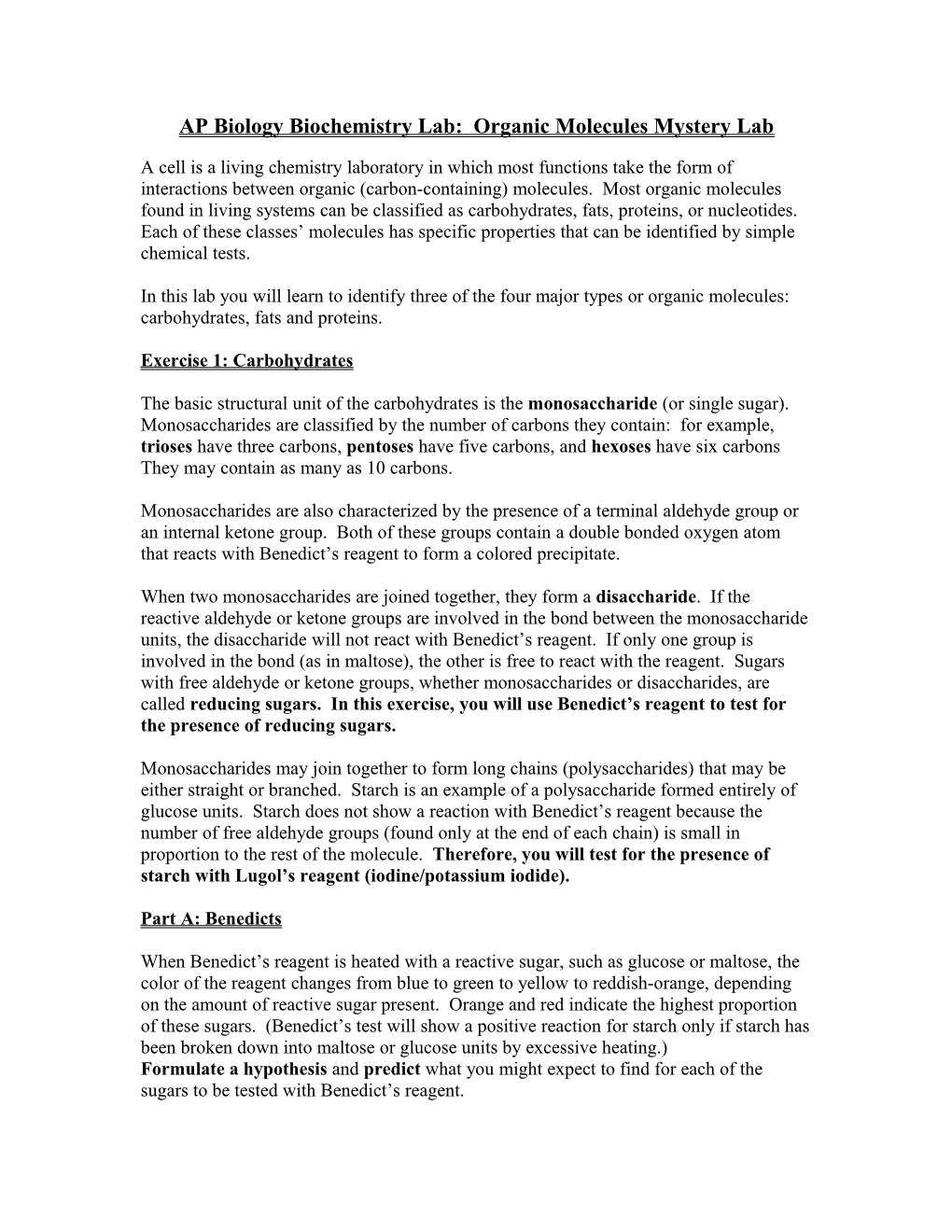 AP Biology Biochemistry Lab: Organic Molecules Mystery Lab