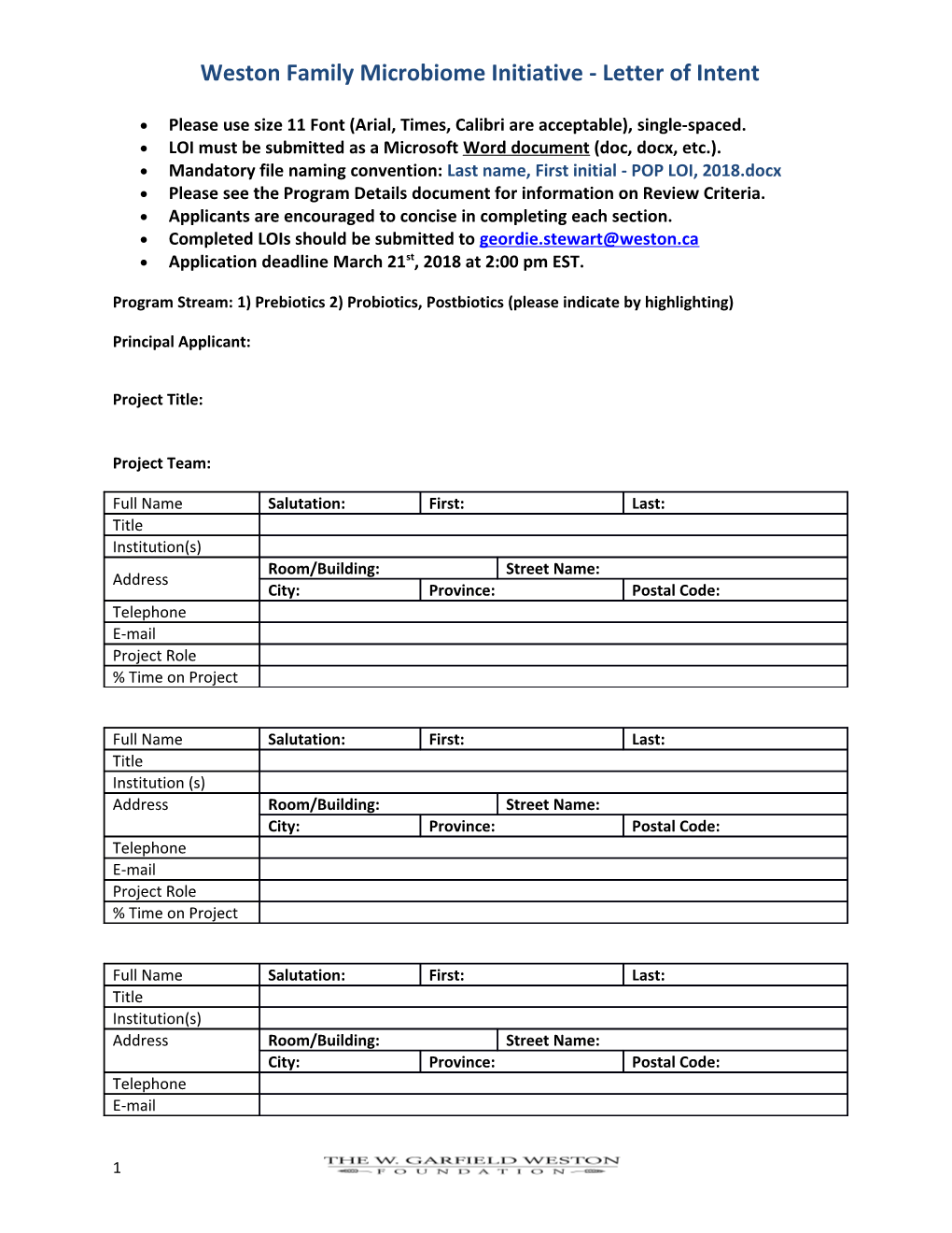 Weston Family Microbiome Initiative - Letter of Intent