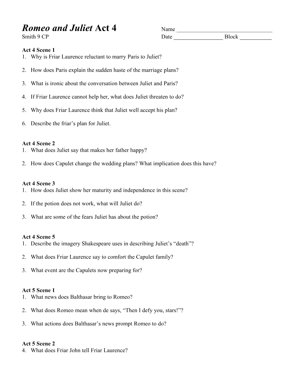 Romeo and Juliet Act 4 Questions