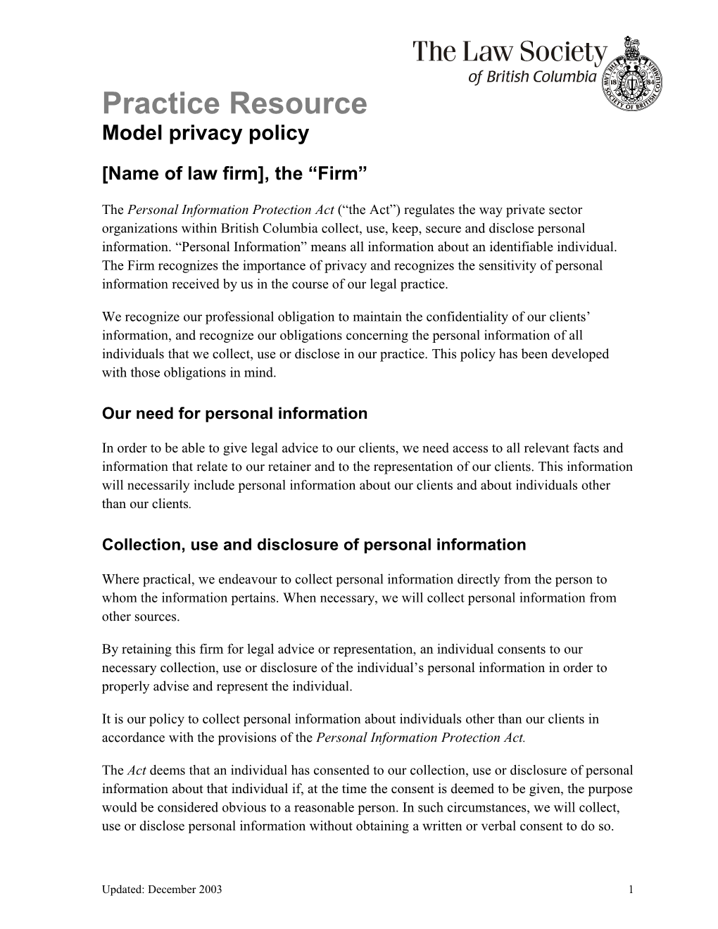 Practice Resources - Model Privacy Policy