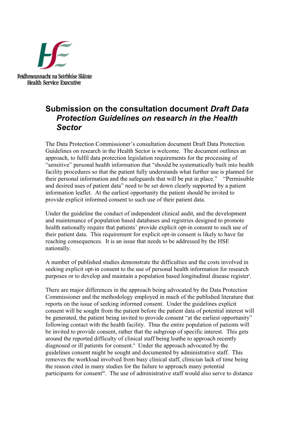 Submission on the Consultation Document Draft Data Protection Guidelines on Research In