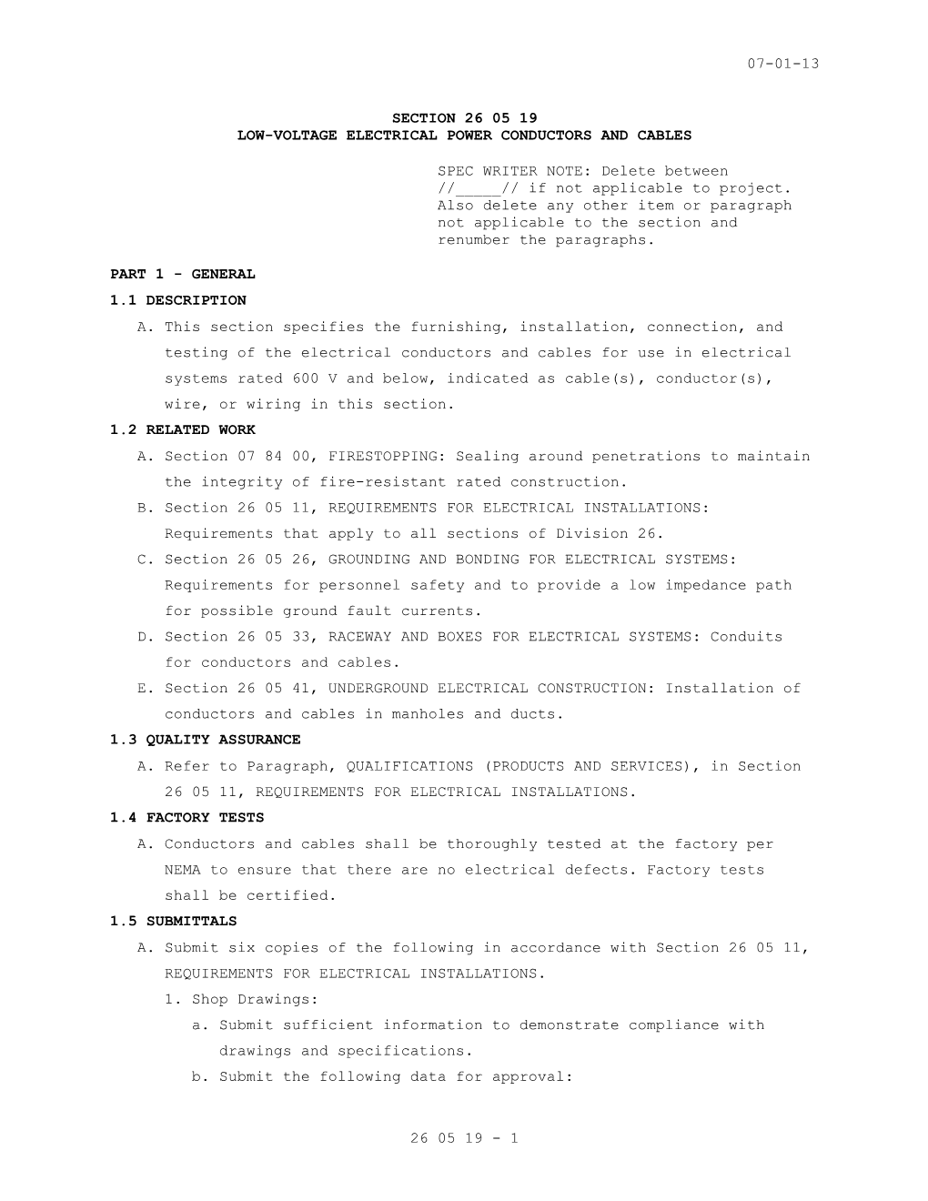 Section 26 05 19, Low-Voltage Electrical Power Conductors and Cables