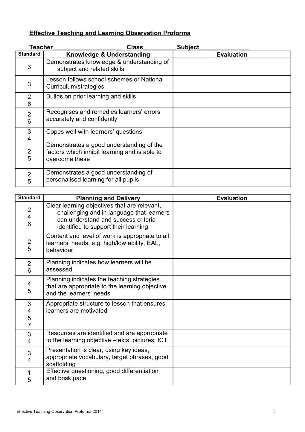 Effective Teaching Observation Record