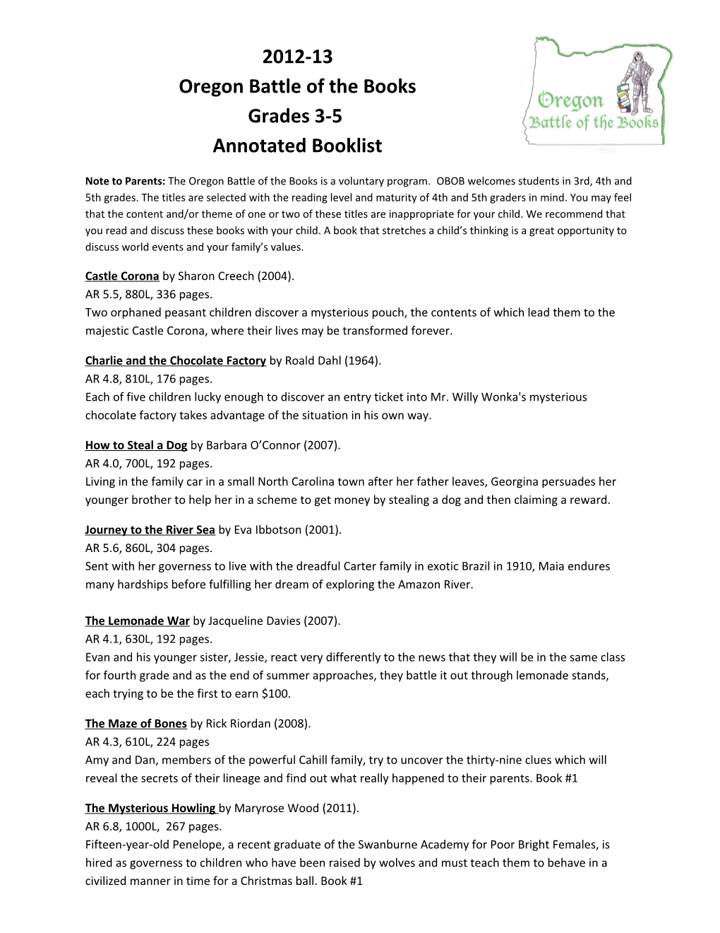 2012-13 Oregon Battle of the Books Grades 3-5 Annotated Booklist