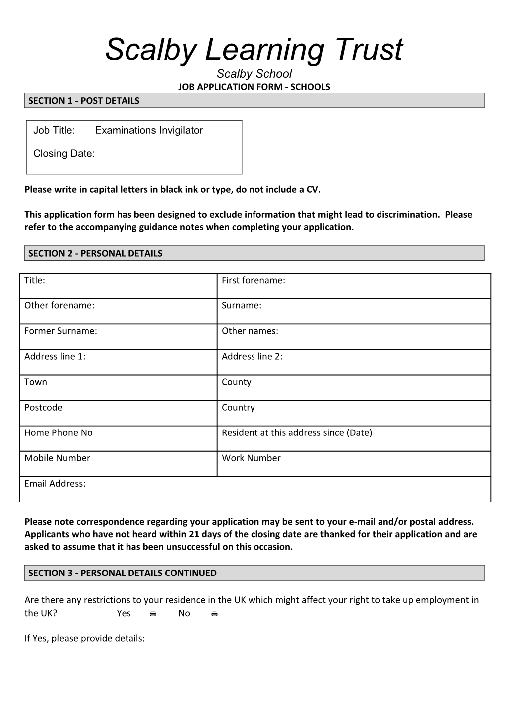 Application Form - School Staff