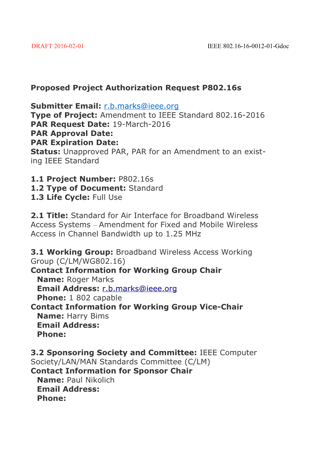 Proposed Project Authorization Request P802.16S
