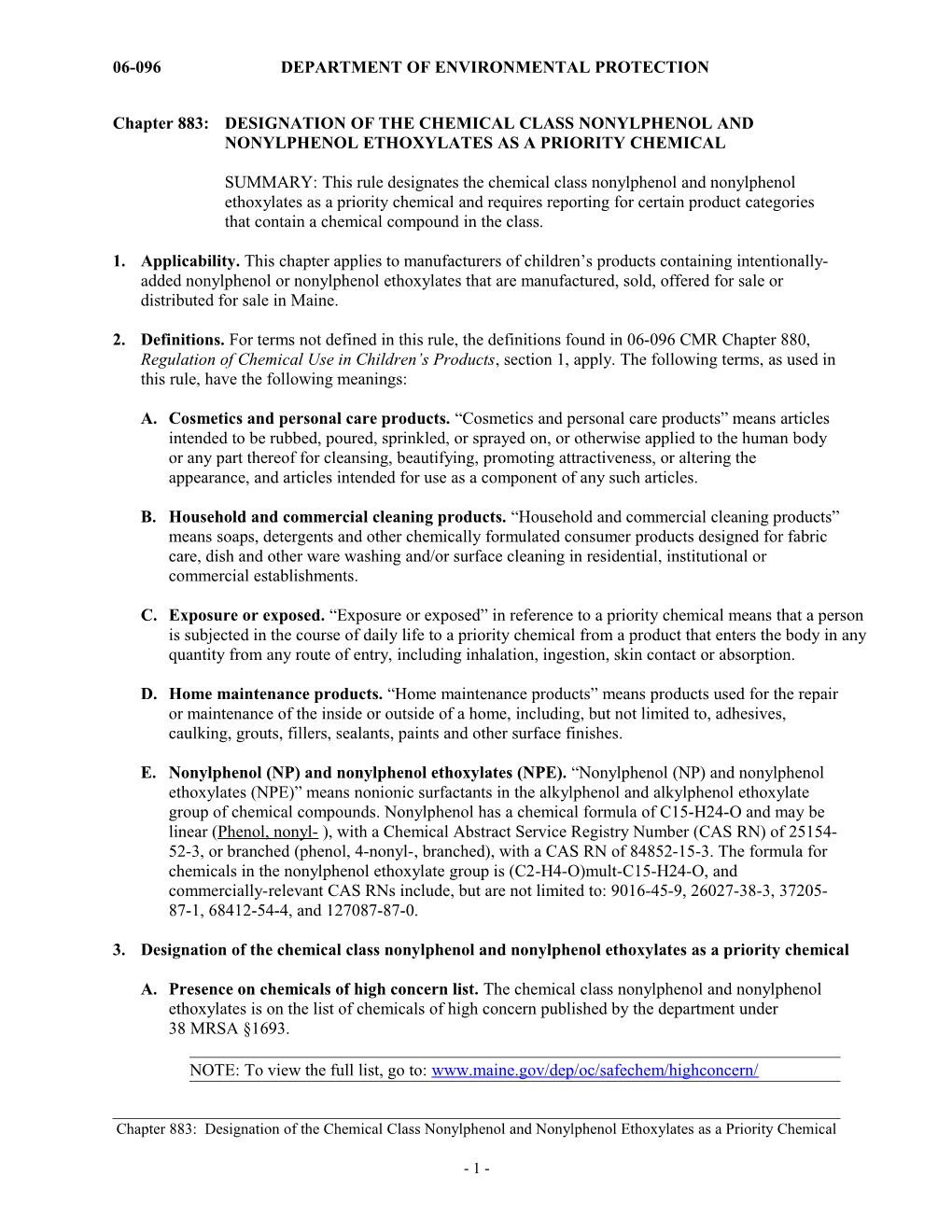 Chapter 882: DESIGNATION of BISPHENOL-A AS a PRIORITY CHEMICAL and REGULATION of BISPHENOL-A