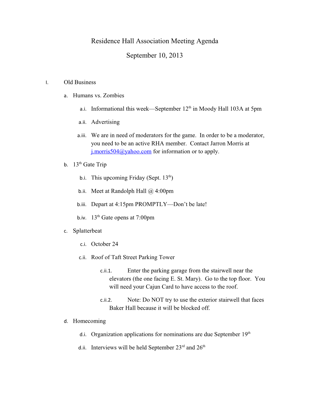 Residence Hall Association Meeting Agenda