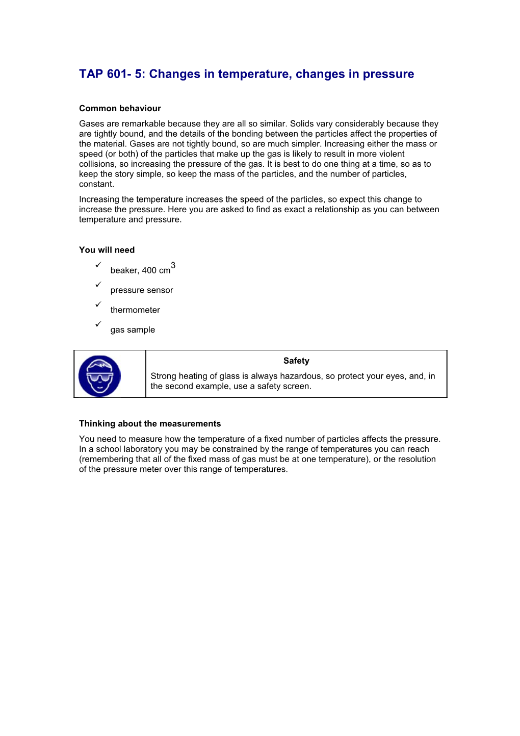 TAP 601- 5: Changes in Temperature, Changes in Pressure