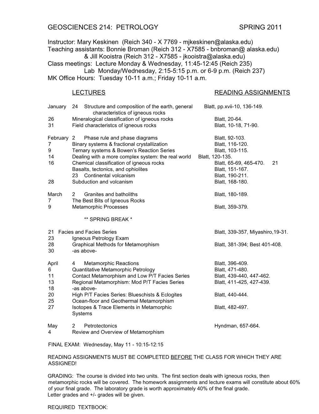 Geosciences 214: Petrology Spring 2011