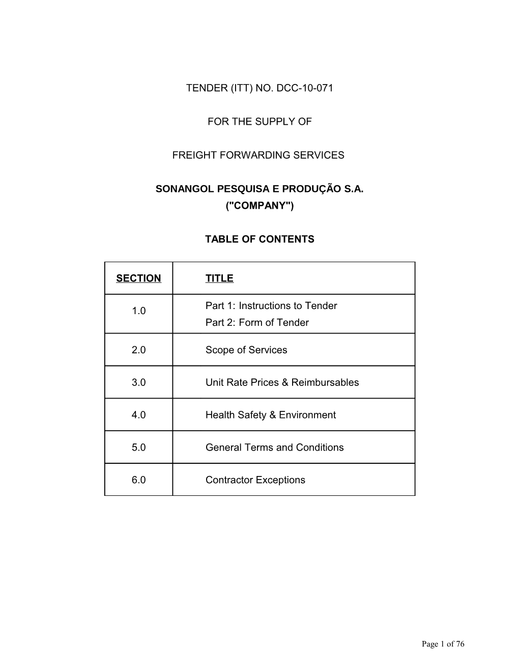 Tender (ITT) No. DCC-10-071