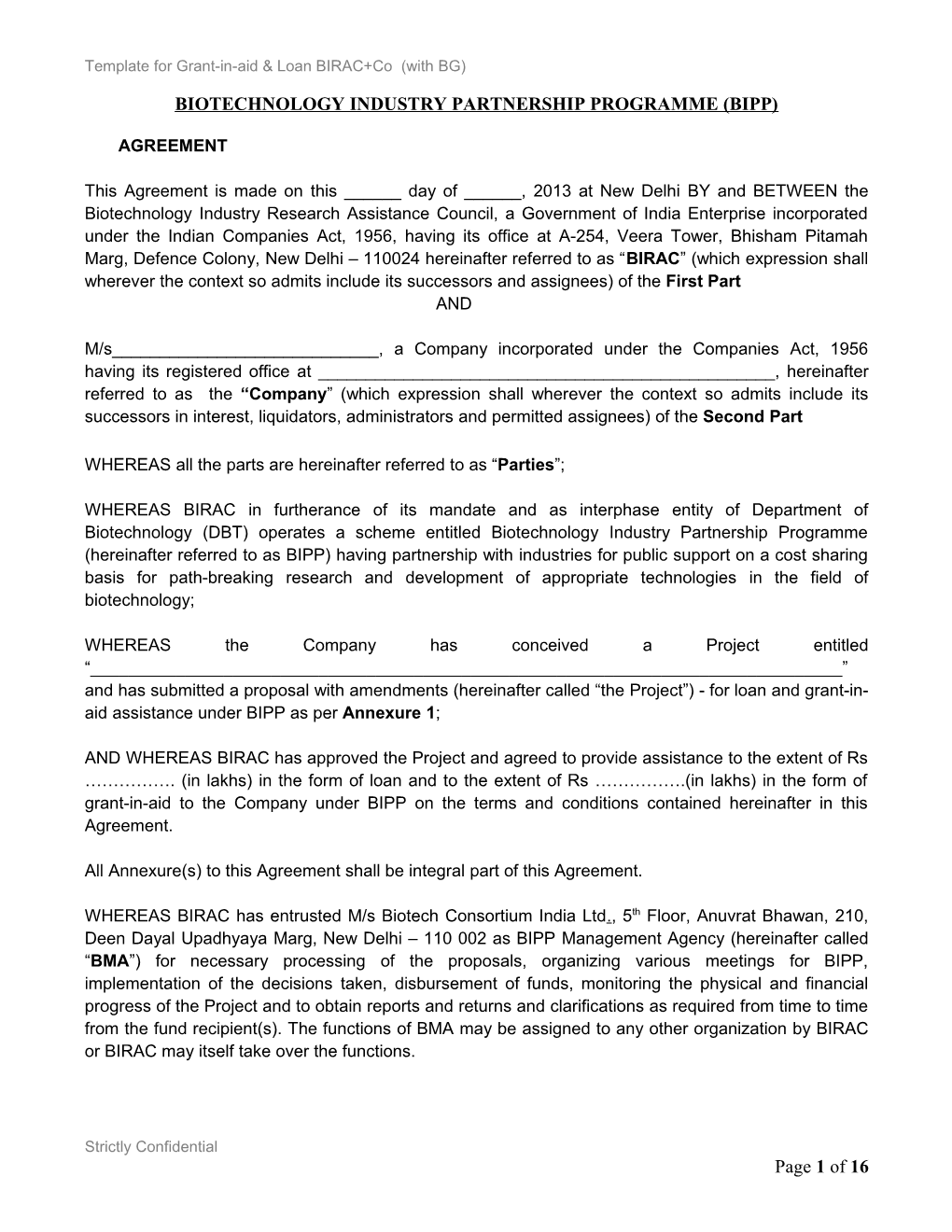 Template for Grant-In-Aid & Loan BIRAC+Co (With BG)