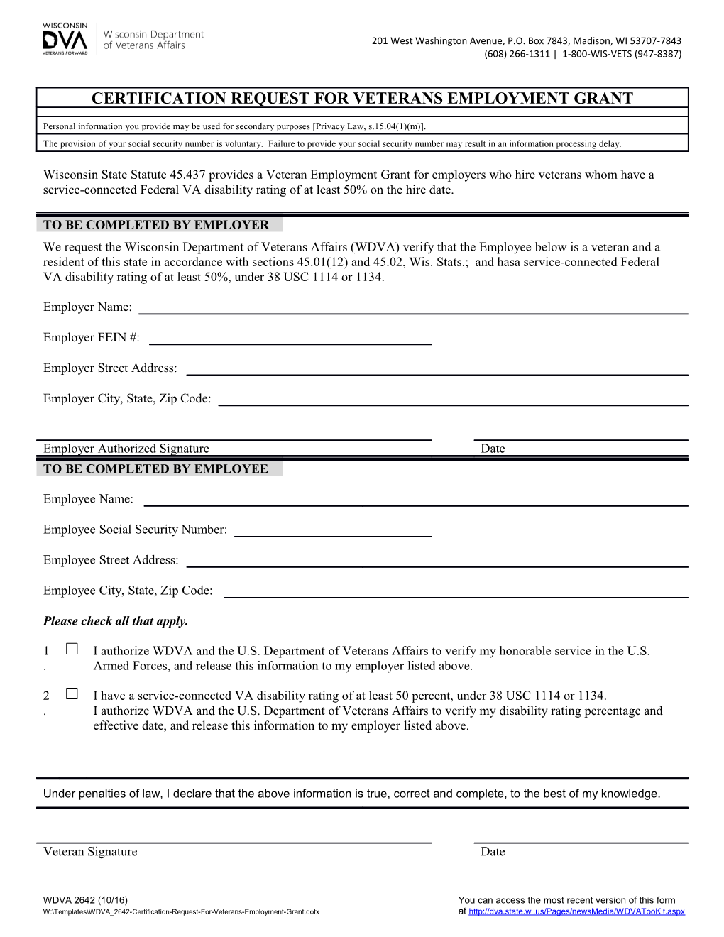 WDVA 2642 Certification Request for Veterans Employment Grant