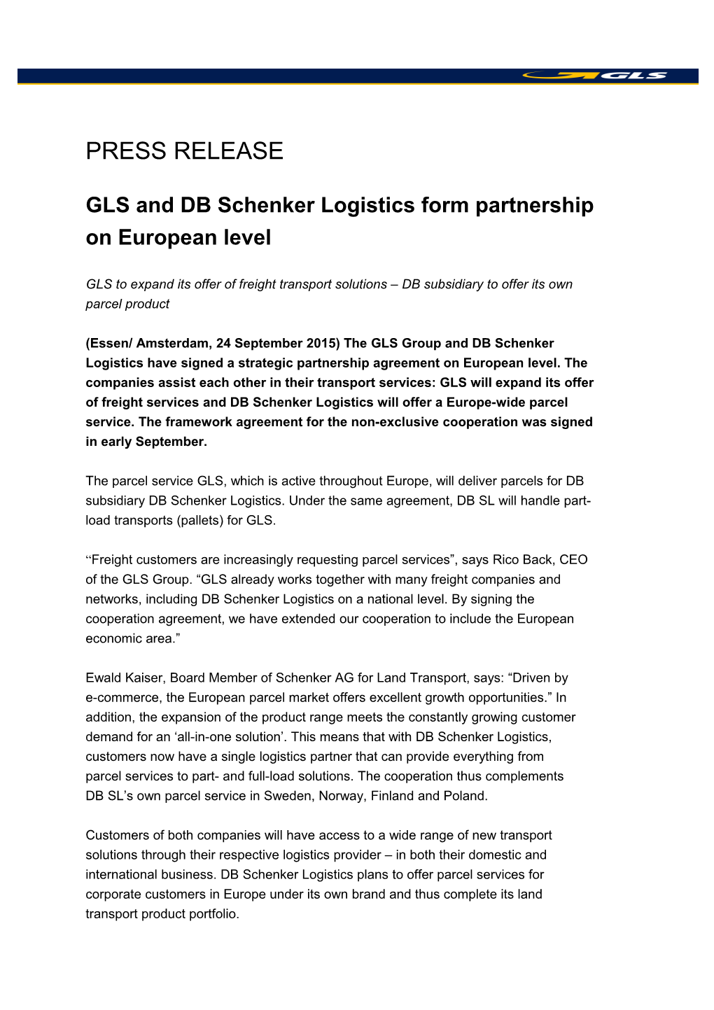 GLS and DB Schenker Logistics Form Partnership on European Level