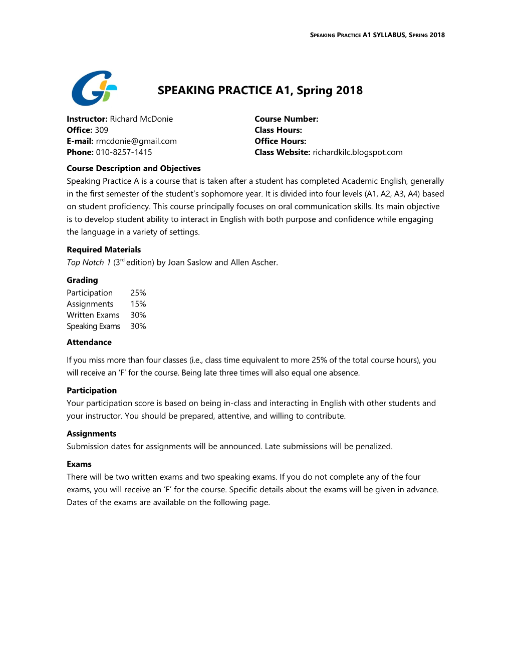 Speaking Practice A1 SYLLABUS, Spring 2018