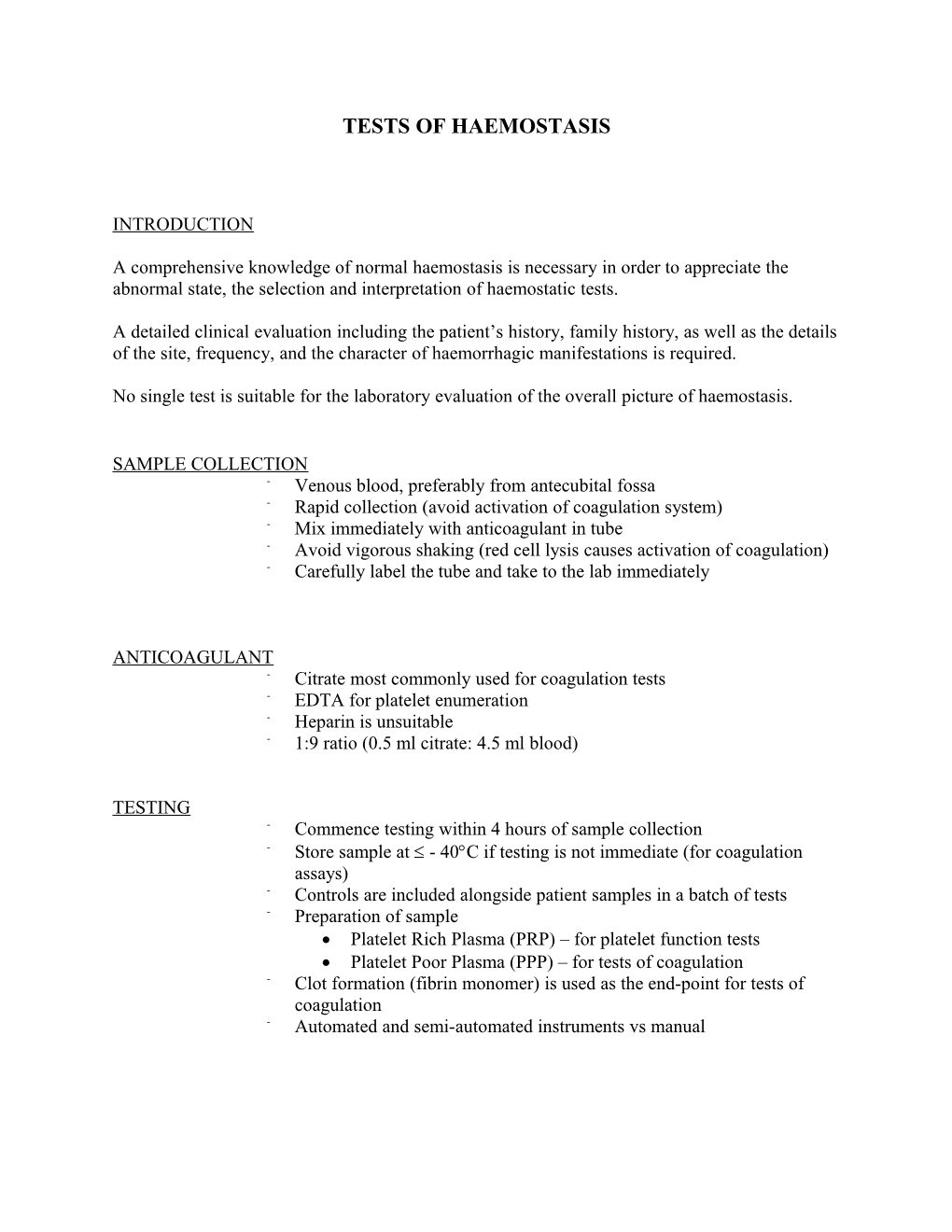 Tests of Haemostasis