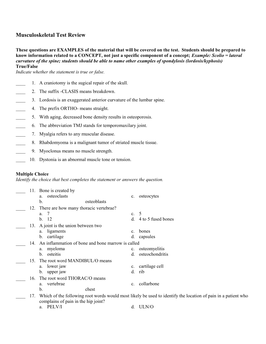 Musculoskeletal Test Review