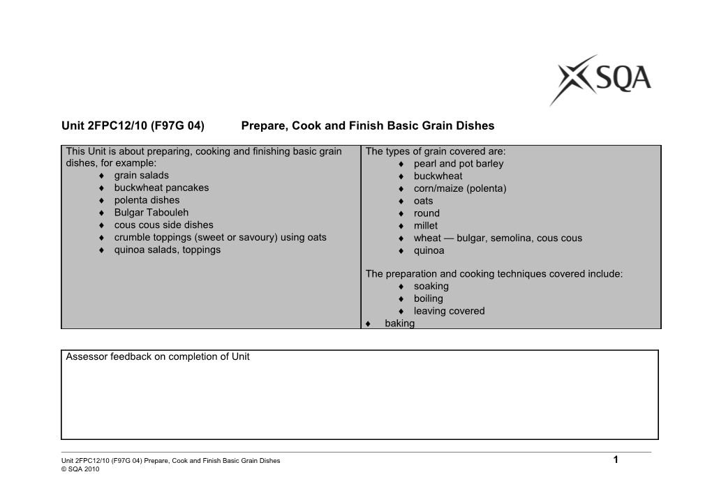 Unit 2FPC12/10 (F97G 04) Prepare, Cook and Finish Basic Grain Dishes