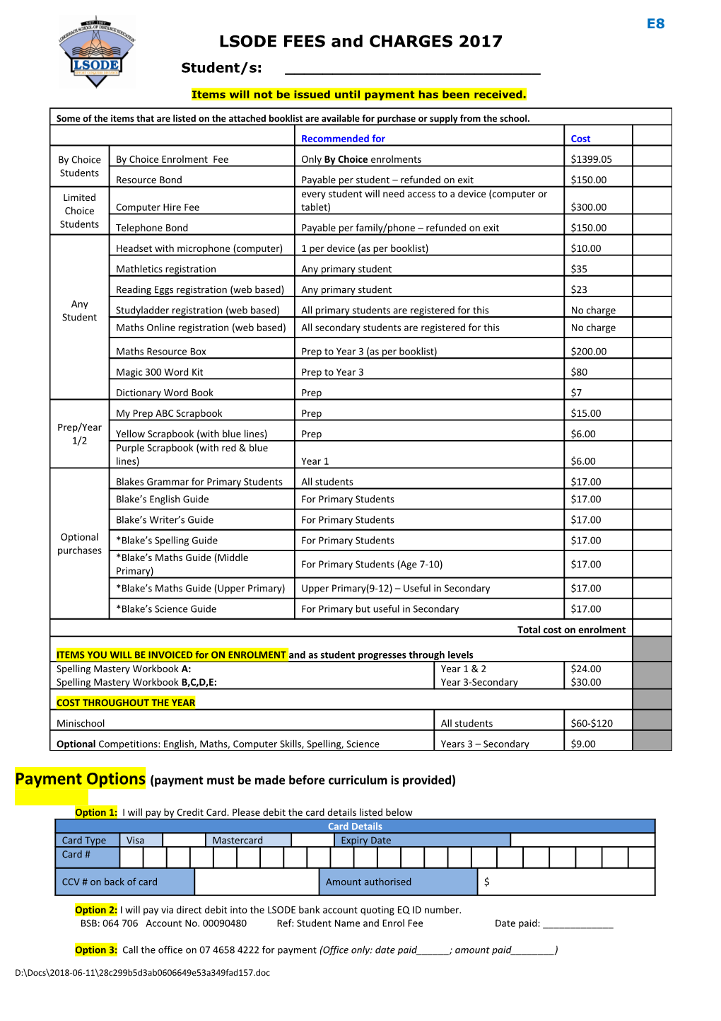 LSODE FEES and CHARGES and Common School Room Requirements