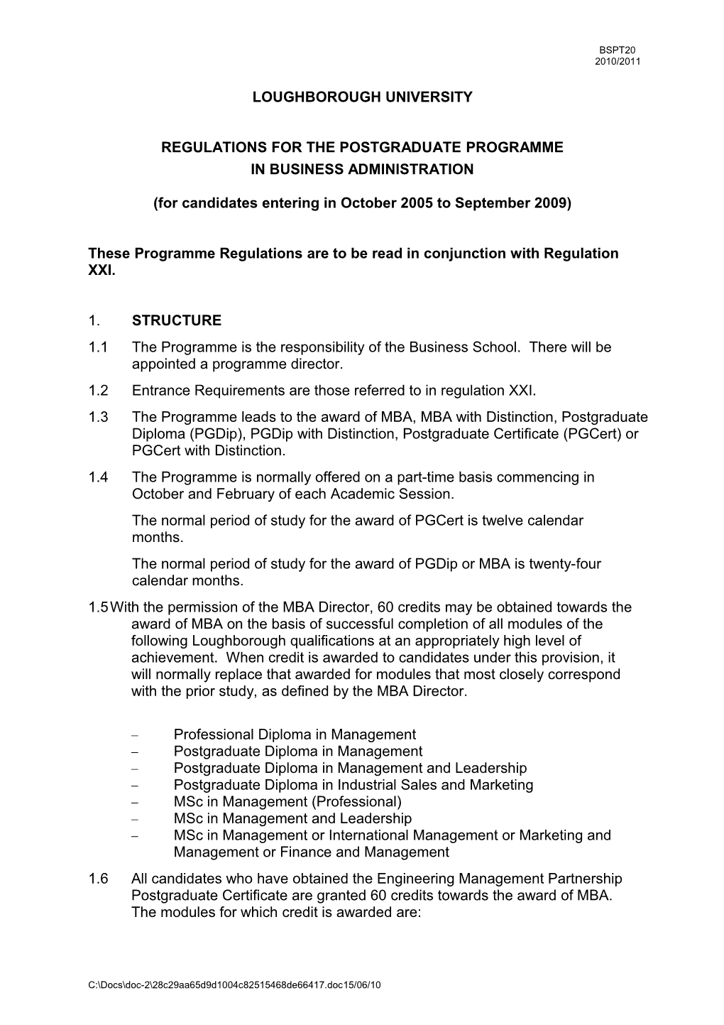 Regulations for the Postgraduate Programme