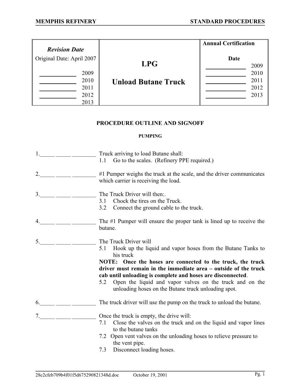 Memphis Refinery Standard Procedures