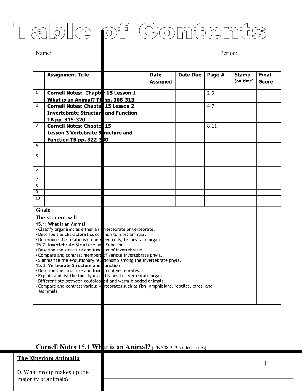 Cornell Notes 15.1 What Is an Animal? (TB 308-313 Student Notes)