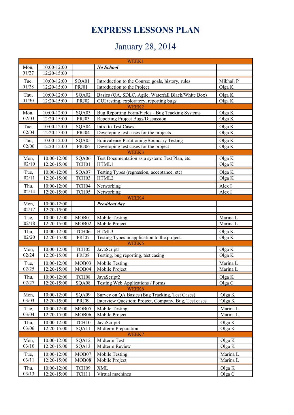 Express Lessons Plan Day-By-Day