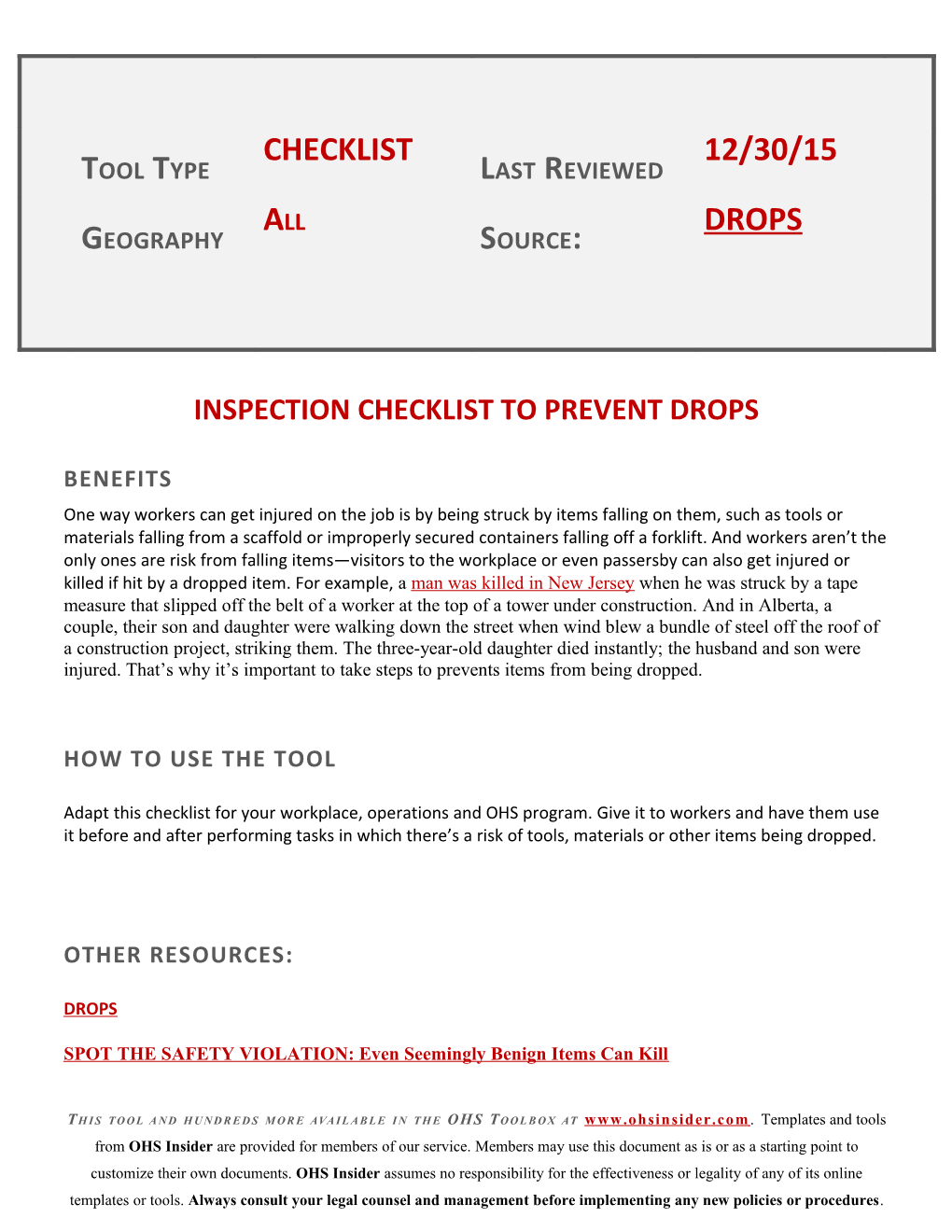 Inspection Checklist to Prevent Drops