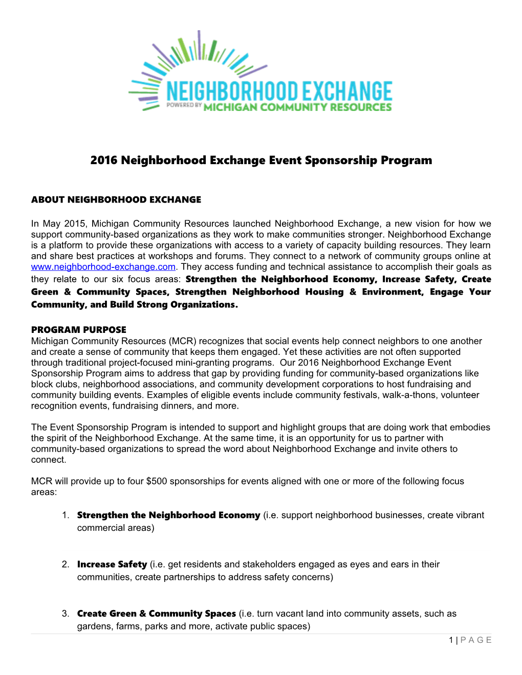 2016 Neighborhood Exchange Event Sponsorship Program