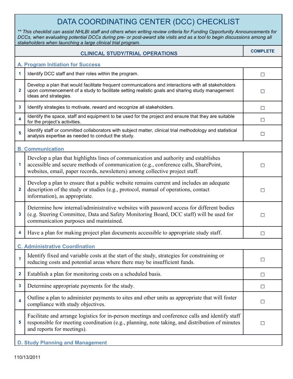 Data Coordinating Center (DCC) Checklist