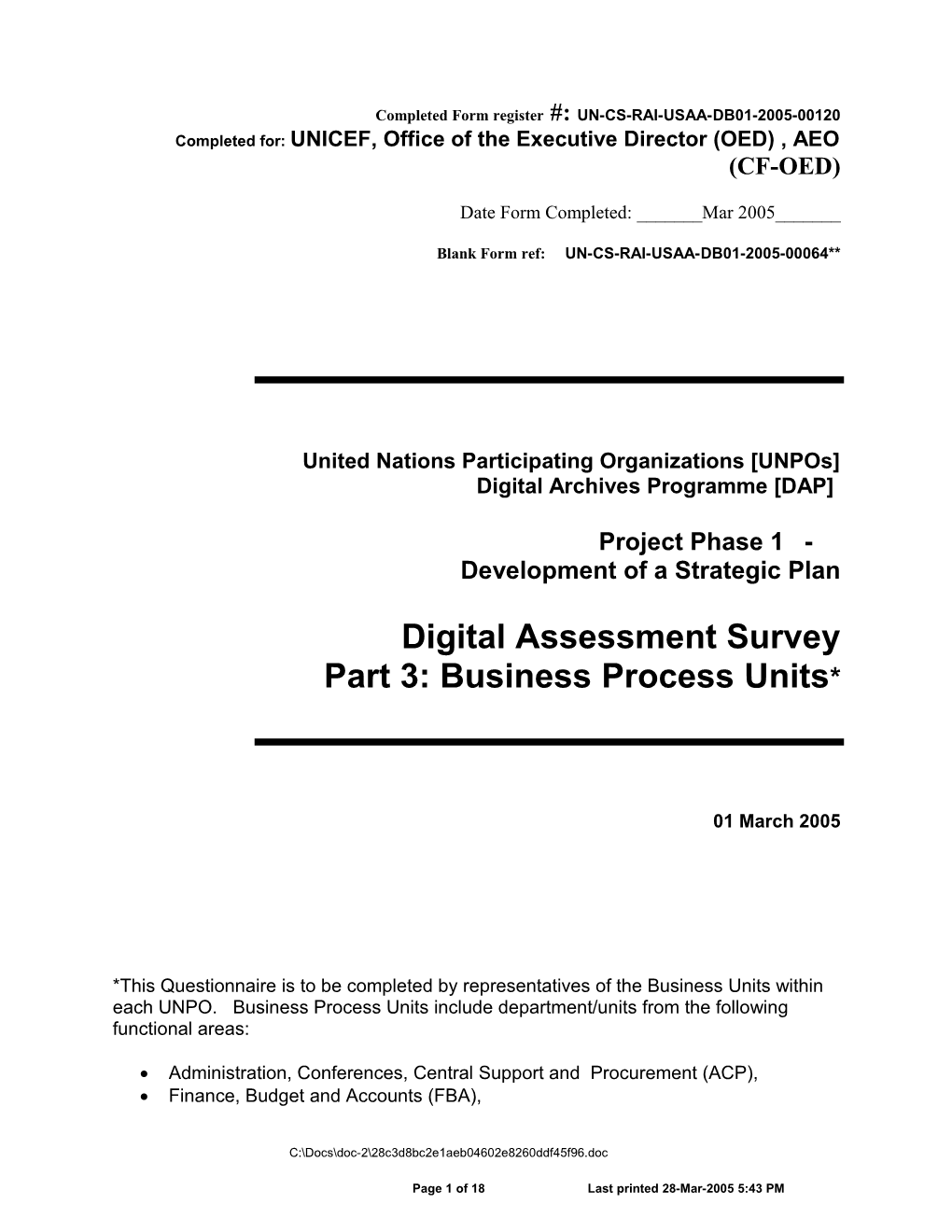 Completed Form Register #: UN-CS-RAI-USAA-DB01-2005-00120