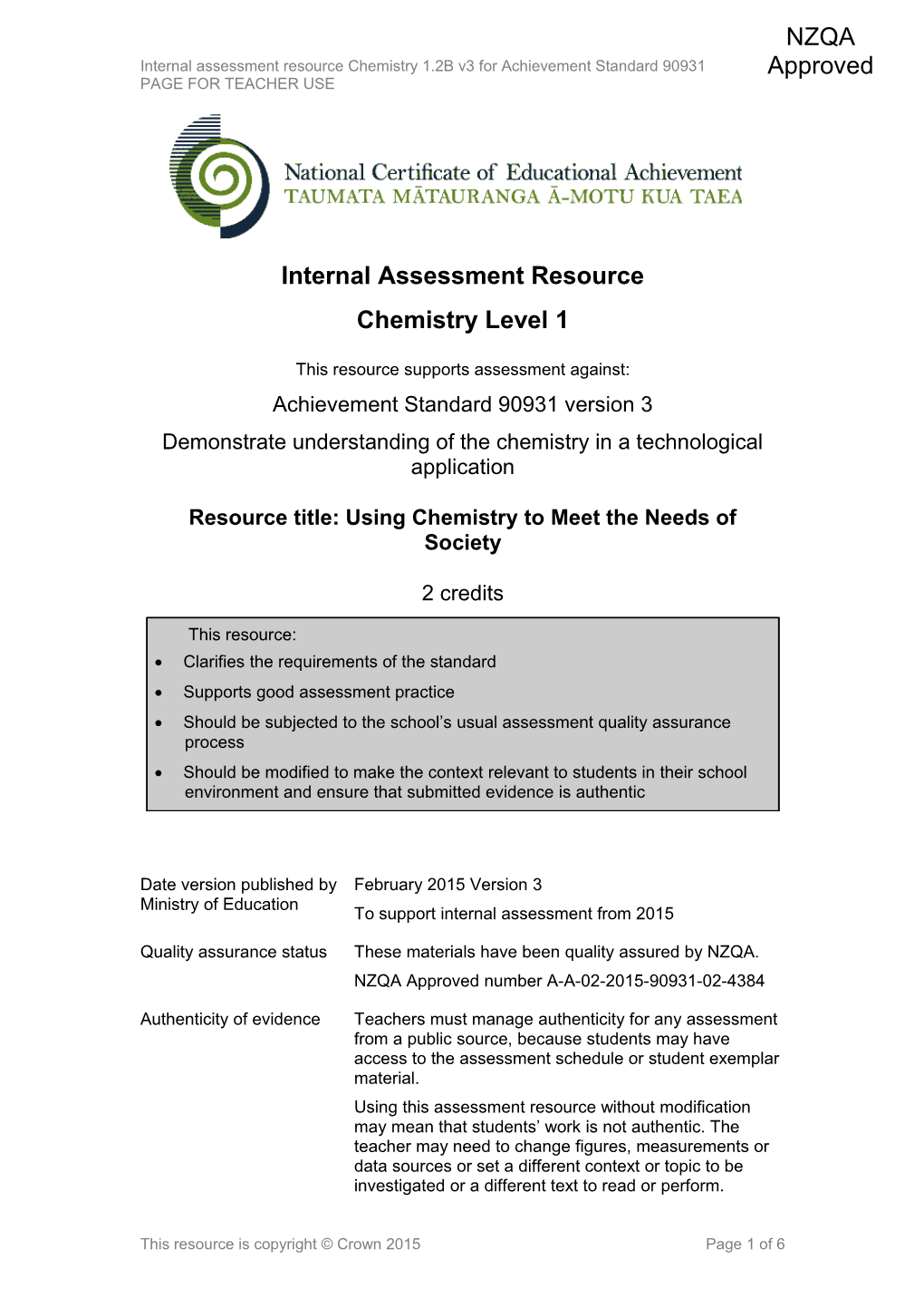 Level 1 Chemistry Internal Assessment Resource