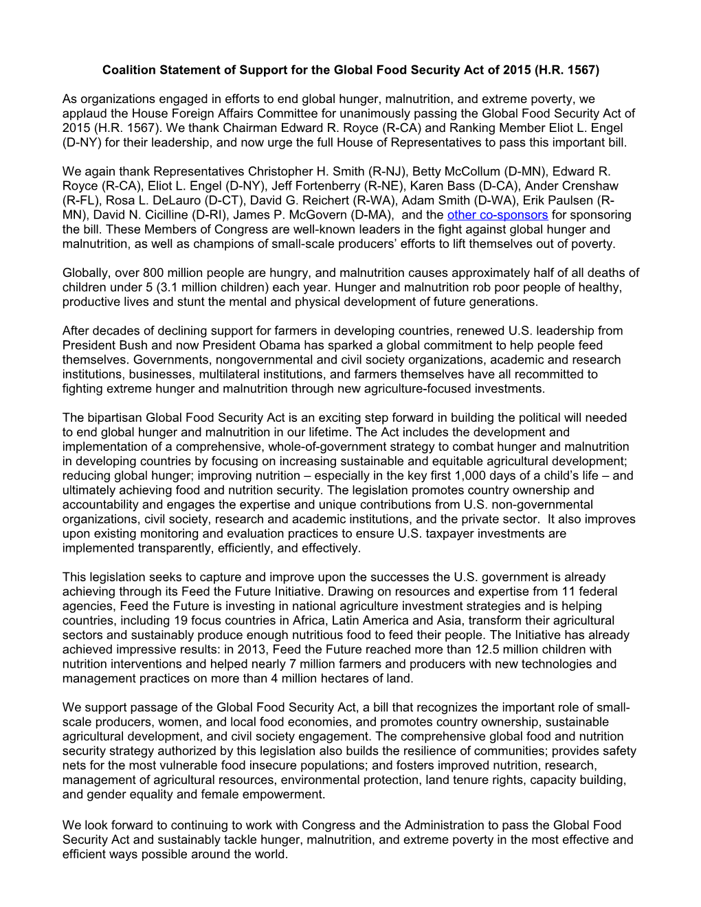 Coalition Statement of Support for the Global Food Security Act of 2015 (H.R. 1567) s1